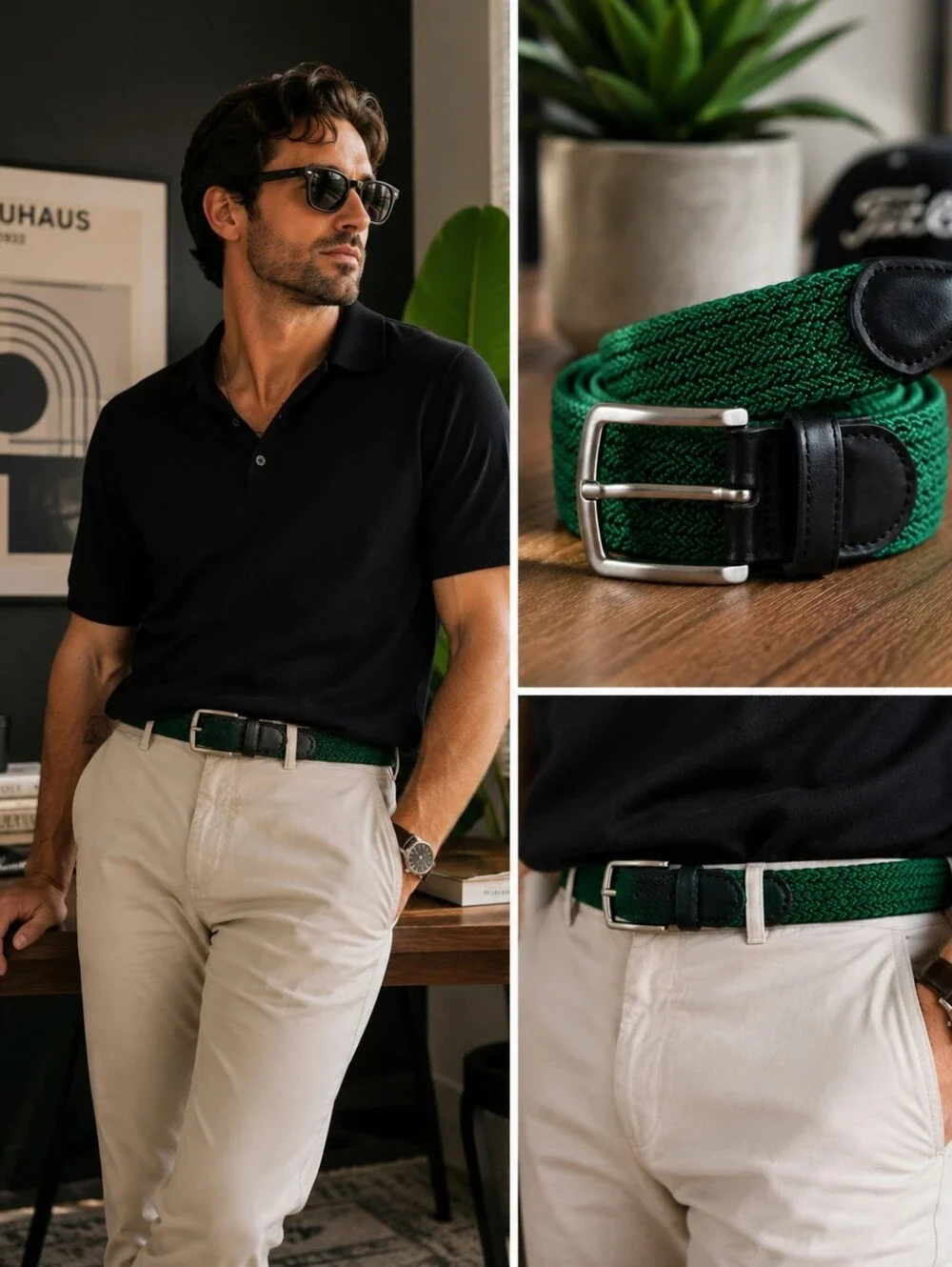 Men's XL Green Stretch Woven Braided Belt Silver Buckle Elastic Casual Golf New